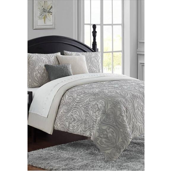 New Waterford Fine Linens Raquel 3 Piece Full Queen Duvet Shams Set Grey Cotton - Picture 1 of 8